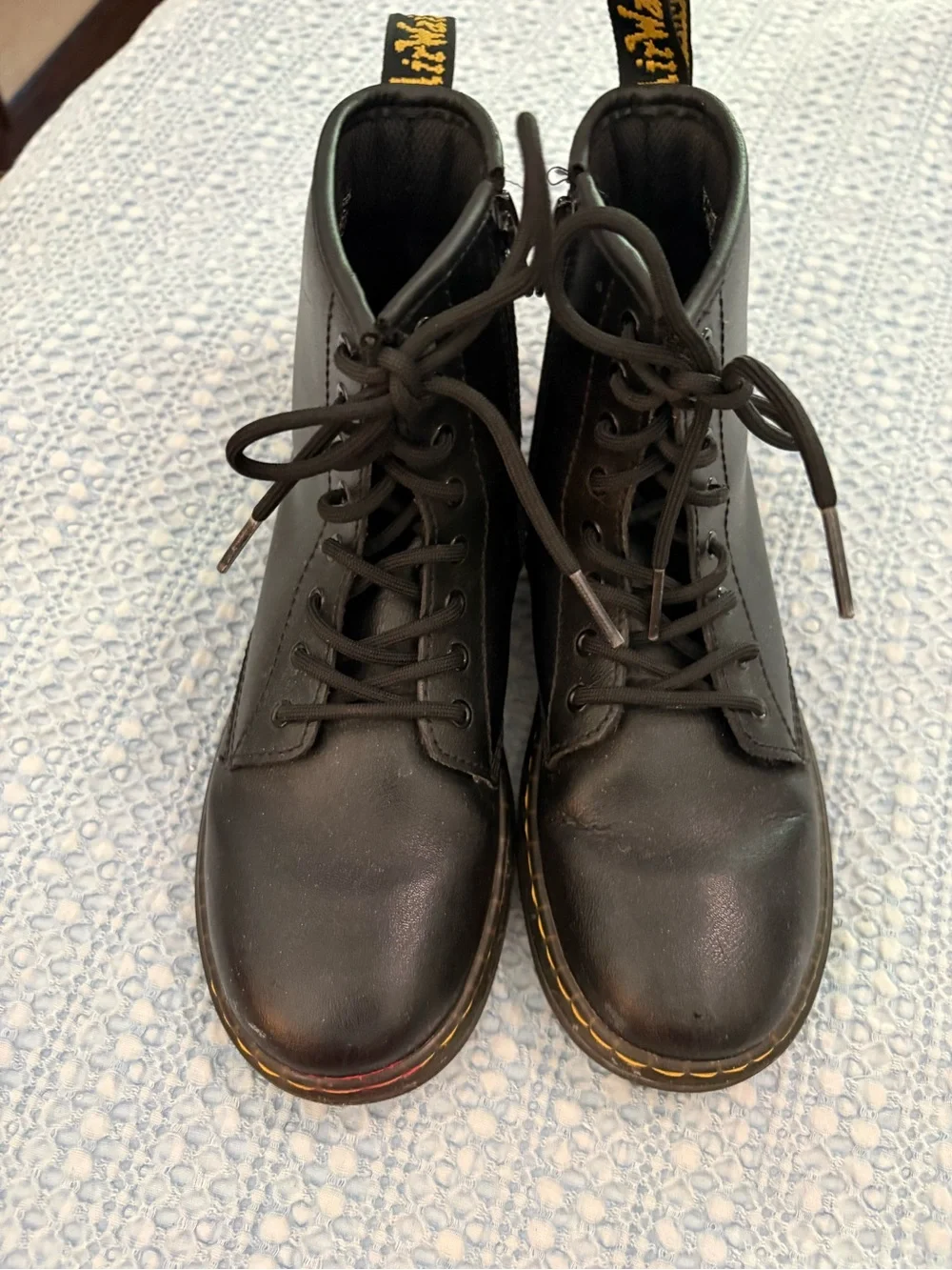 Dr. Martens Zavala J Youth Side Zip Combat Boots Black Yellow Stitching Size 4